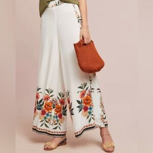 Farm Rio Anthropologie Melila White Floral Print Flared Wide Leg Pants Size M